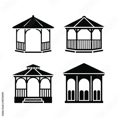 Gazebo Silhouette Icon Set – Minimal Pavilion Vector Collection