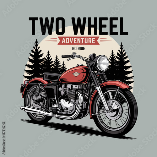 This vibrant illustration showcases a classic motorcycle amid pine trees, capturing the essence of freedom and adventure on two wheels. Perfect for bike enthusiasts.