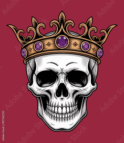 This striking illustration features a skull adorned with a majestic crown, symbolizing the interplay between life, death, and power that captivates viewers with its bold contrast.