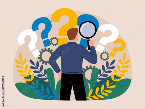 This illustration depicts a man looking at various question marks, representing the quest for knowledge and clarity; it's a visual metaphor for problem-solving and curiosity.