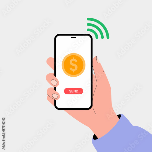 This illustration highlights a hand holding a smartphone with a digital currency symbol, representing the convenience and innovation of modern financial transactions in today’s tech world.