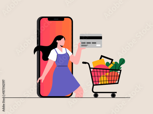 A modern illustration depicting a woman using a mobile device for shopping, highlighting the convenience of digital payments in a vibrant and engaging shopping experience.