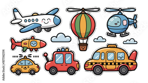 Childhood Transportation: An assortment of cartoon vehicles, including airplanes, helicopters, and automobiles, float playfully. Capturing the fun of travel and vehicles.