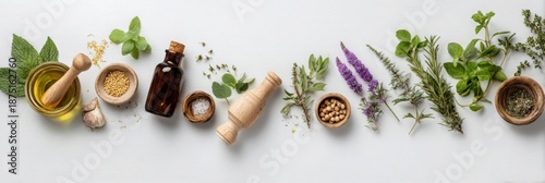 Panel kuchenny z motywem Flat lay of dried herbs, roots, and essential oil bottles on white background, ideal for alternative medicine and wellness concepts.