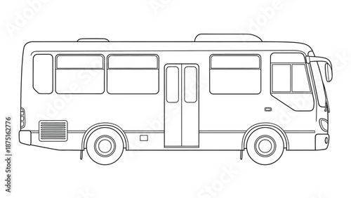 a line drawing of a bus with windows and a door