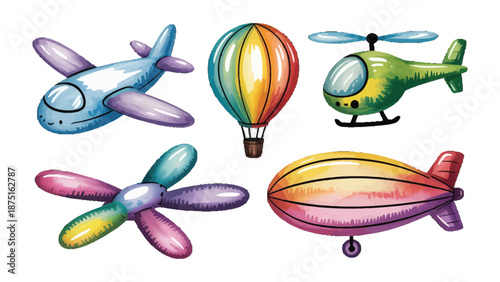 Dreamy Aviation Fleet: A collection of charming, colorful air vehicles soars into the imagination, each one whispering tales of adventure, travel and discovery. 