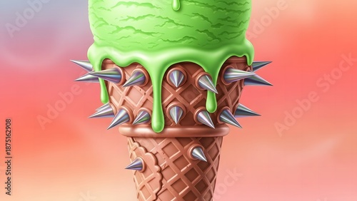 Surreal 3d illustration of lime green melting ice cream with metallic spikes in a waffle cone