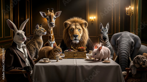 A group of animals sitting around a table with a lion giraffe zebra zebu rabbit cat mouse and other animals