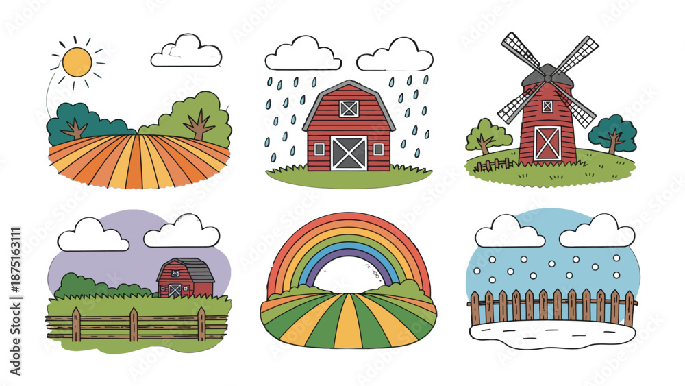 Fototapeta premium Farm Scenes: A collection of simple and vibrant illustrations depict various farm scenes, showcasing the beauty and diversity of rural life and weather conditions.