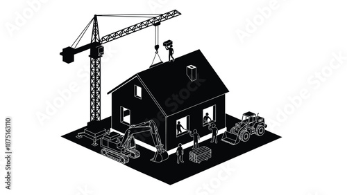 Black and white isometric illustration of house under construction with crane, workers, and heavy machinery, building site with people