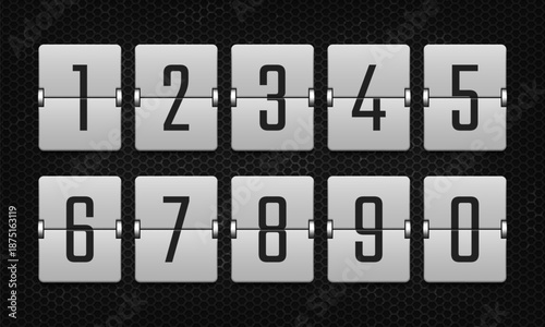 Mechanical scoreboard. White flip board with black numbers for alarm timers, airports, sports events, date displays, and countdowns. Clock counter panel. Vector illustration.