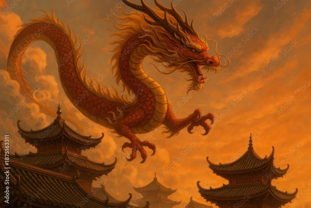 Fototapeta premium Majestic dragon over ancient rooftops.