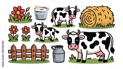 Cheerful Farm Scene: This illustration depicts a joyful farm scene, with animated cows, fresh flowers, and hay bale, evoking the simple pleasures of rural life and natural charm.