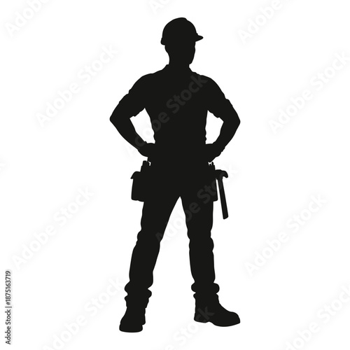Flat minimalist black construction worker silhouette icon with hard hat, tool belt, hands on hips in confident pose.