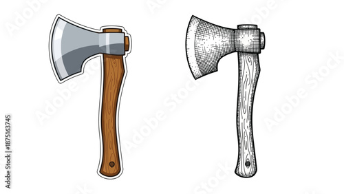 Two types of axes with wooden and metal handles on a white background
