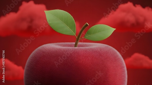 Surreal 3d illustration of a red fuzzy apple with green leaves against a dark red sky