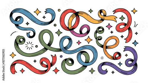 Colorful Ribbons of Joy: An artistic assortment of vibrant ribbons, dancing across the scene with lively curves, swirls, and stars that evoke festive celebration and artistic flair.