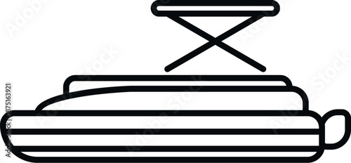 Inflatable boat with an ironing board on top showing summer household chores