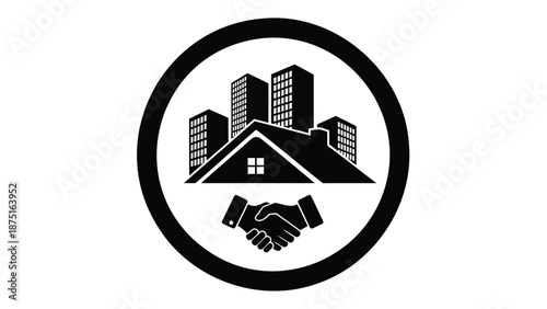 Real estate handshake agreement urban property partnership home buildings with business and house and deal and contract