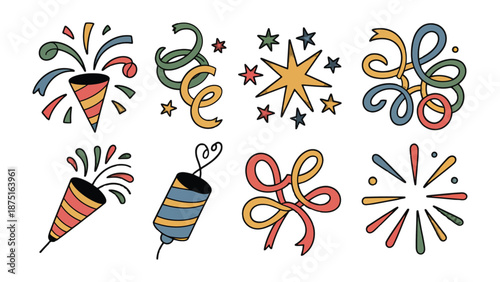 Festive Celebration Elements: A collection of vibrant hand-drawn illustrations features exploding confetti, swirling ribbons, and dazzling starbursts, perfect for adding a touch of joy and festivity.