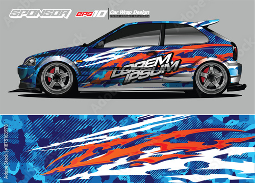 Modern Hatchback Livery Vinyl Wrap Design. Professional Racing Car Graphic with Blue Camouflage, Vibrant Orange Flames, and Geometric Patterns. Automotive Sticker Decal Template for Branding