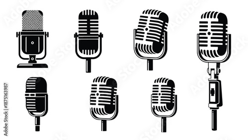 a set of six vintage microphones in black and white