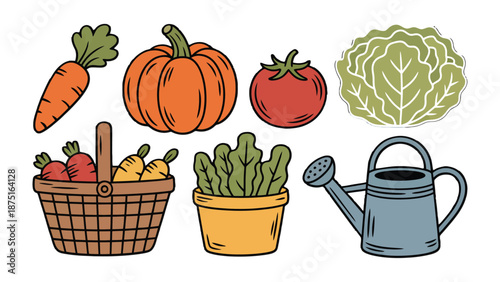 Harvest Bounty: Illustration of fresh garden harvest, vibrant vegetables and gardening tool create a lively illustration of a healthy harvest.