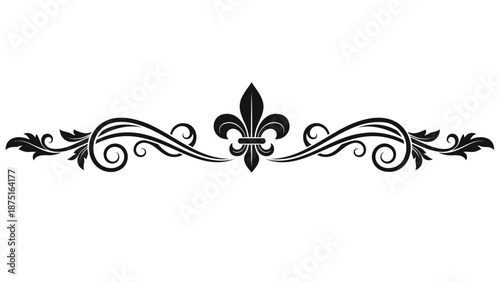 Elegant black fleur de lis decorative border design with swirling leaves and floral motifs on white background