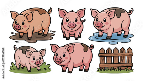 Playful Piglets: A delightful illustration showcases a group of charming piglets, each with its unique spots, expressions, and surroundings.