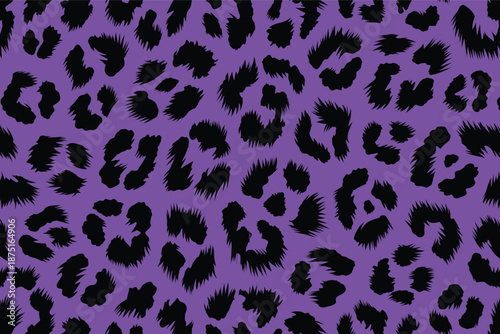 A seamless leopard print pattern featuring black spots on a vibrant purple background, showcasing an abstract african animal skin design inspired by fur and african wildlife.