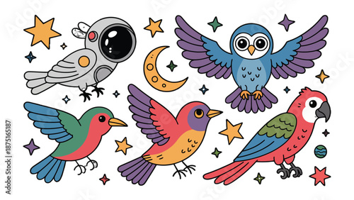 Whimsical Birds Collection: A vibrant collection of stylized bird illustrations in various poses, including an astronaut-themed bird and a charming owl, against a starlit background.