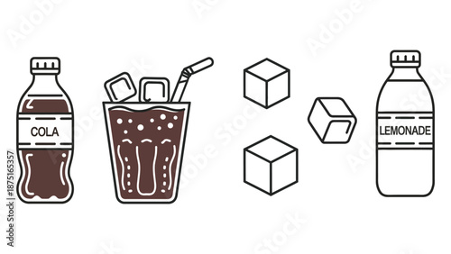 A cartoon illustration of cola, lemonade, and ice cubes on a white background