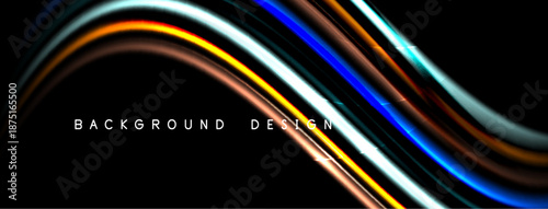Abstract flowing lines create dynamic background. Bright colors contrast dark space, forming modern design element.