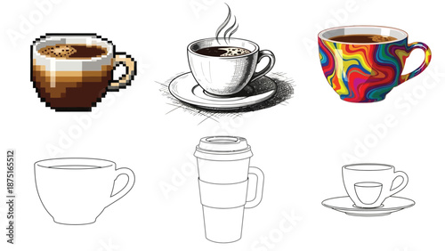 a set of six different coffee cup illustrations in various styles
