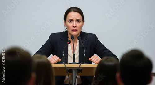 Nervous stressed, shy female lecturer standing behind podium with microphones, addressing audience. Speaker feeling confused fear and anxiety before public speaking and events, excited uncomfortable m