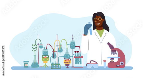 Female scientist in laboratory with test tubes and microscope. Concept of biotechnology, medical research, science. Vector flat illustration.