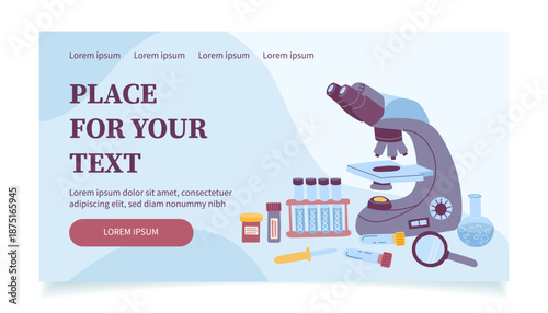 Flat vector illustration of medicine laboratory tools and supplies. Concept of medicine research, biotechnology. Medicine banner.