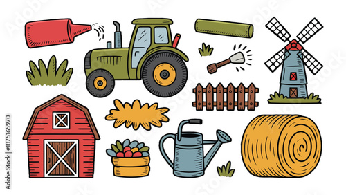 Farm Life Collection: An array of farm elements come together in a vibrant display, perfect for illustrating the essence of agricultural life, including a tractor, barn, and windmill.