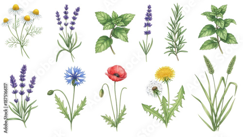 Set of watercolor herbal plants and wild meadow flowers. Botanical illustration collection for pharmacy or cosmetic packaging design. Isolated on white.