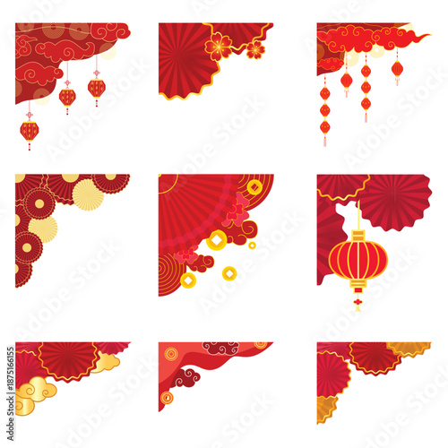 Chinese New Year corner decoration set. Vector red oriental cloud and lantern border elements for holiday festive design isolated on white
