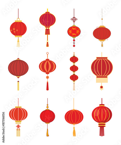 Traditional Chinese red lantern collection. Vector hanging festival lamps and lights for Lunar New Year holiday decoration