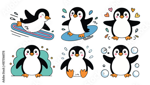 Whimsical Penguin Collection: A delightful compilation of animated penguins, each expressing unique emotions and engaging in playful activities, radiating cheerfulness and charm.