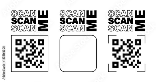 Scan me frame. Labels for QR code. Icons with CTA. Barcode box designs for payment, website, mobile app, business card, discount, menu. Black vector illustration isolated on a white background.