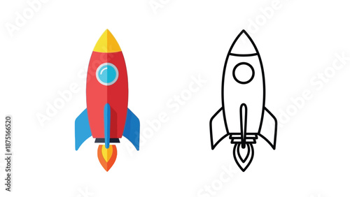 a colorful rocket and a simple line drawing rocket ship