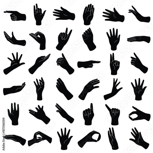 collection of various hand gestures in black silhouette on white background