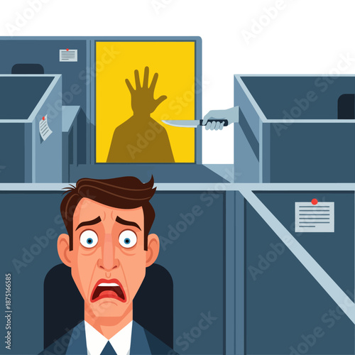 Terrified man at desk with menacing figure in adjacent cubicle