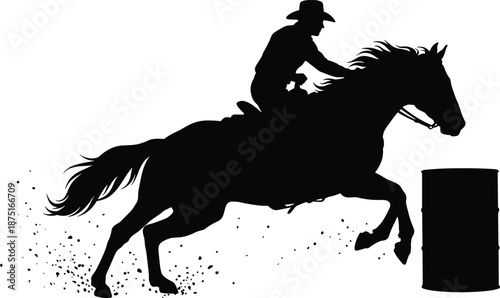 Barrel racing cowboy silhouette jumping horse over barrel, western rodeo action, equestrian sport, country competition, vector illustration design, black white
