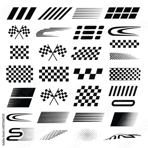 Collection of racing stripes and checkered flags design elements