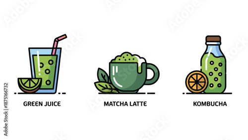 A colorful illustration of healthy drinks on a white background