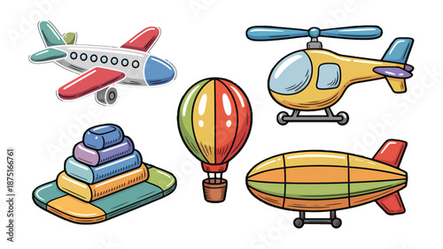 Whimsical Wonders: A vibrant collection of toys, including a plane, a helicopter, a pyramid, a hot air balloon, and a zeppelin. This assortment of delightful objects stimulates imagination.